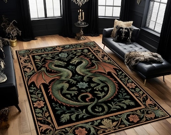 Medieval Dragon Tapestry Style Rug, Gothic Black Green Fantasy Carpet, Two Dragon Floral Art Rug for Living Room, Game Room, Bedroom Decor