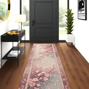 Cherry Blossom Runner Rug, Japanese Sakura Floral Rug, Spring Hallway Rug, Pastel Pink Zen Rug, Japandi Style Soft Petal Carpet image 4