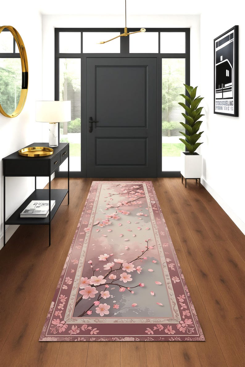 Cherry Blossom Runner Rug, Japanese Sakura Floral Rug, Spring Hallway Rug, Pastel Pink Zen Rug, Japandi Style Soft Petal Carpet image 4