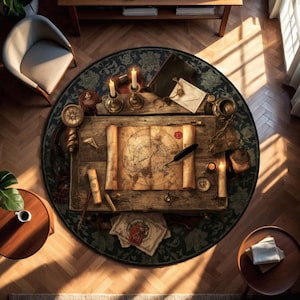 May include: Overhead view of a wooden table with a rolled-up map, compass, and quill pen. The table is surrounded by candles, a small plant, and other nautical-themed items. The table is set on a round rug with a floral pattern.