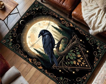 Gothic Raven Rug, Mystical Forest Carpet with Moon and Crow, Dark Aesthetic Rug for Living Room, Witchy Decor Gothic Crowcore Art Area Rug