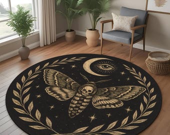 Death Moth Round Rug: Gothic Moth With Skull, Moon And Eye Design Carpet For Mystical And Occult Rooms
