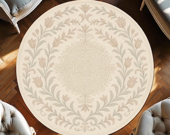Round Beige French Cottagecore Botanical Rug, Tulip Floral Circle Carpet, French Country Round Area Rug, Soft Neutral Boho Floor Mat