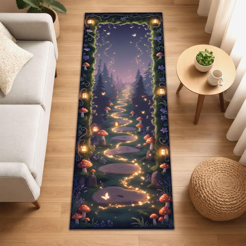 Fairy Forest Runner Rug, Whimsical Glowing Pathway Rug, Fairycore Kids Room Decor, Enchanted Mushroom Carpet, Magical Woodland Hallway Rug image 1