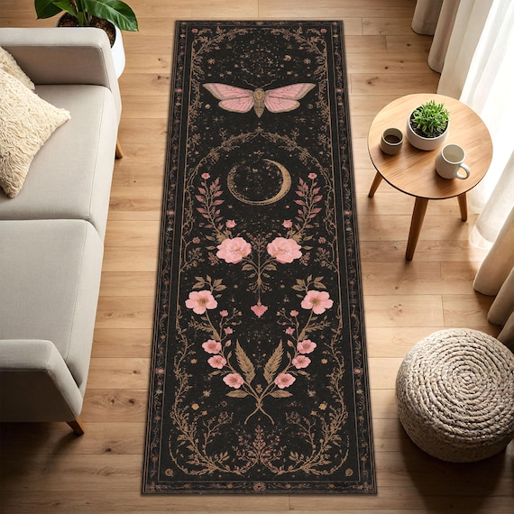 Gothic Floral Moth Moon Runner Rug, Celestial Black Hallway Carpet, Vintage Boho Witchy Decor for Living Room Entryway or Bedroom Decor