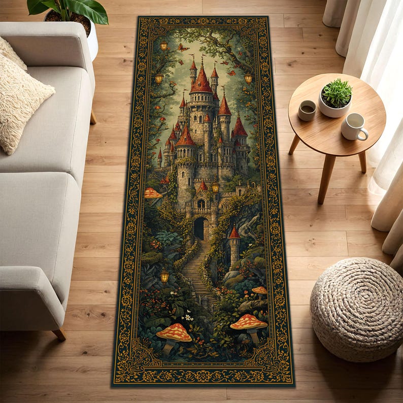 May include: A rectangular area rug featuring a detailed illustration of a fairytale castle with red-roofed towers, surrounded by lush greenery, mushrooms, and butterflies. The rug has a dark green border with a gold ornate design. The rug is placed on a hardwood floor.