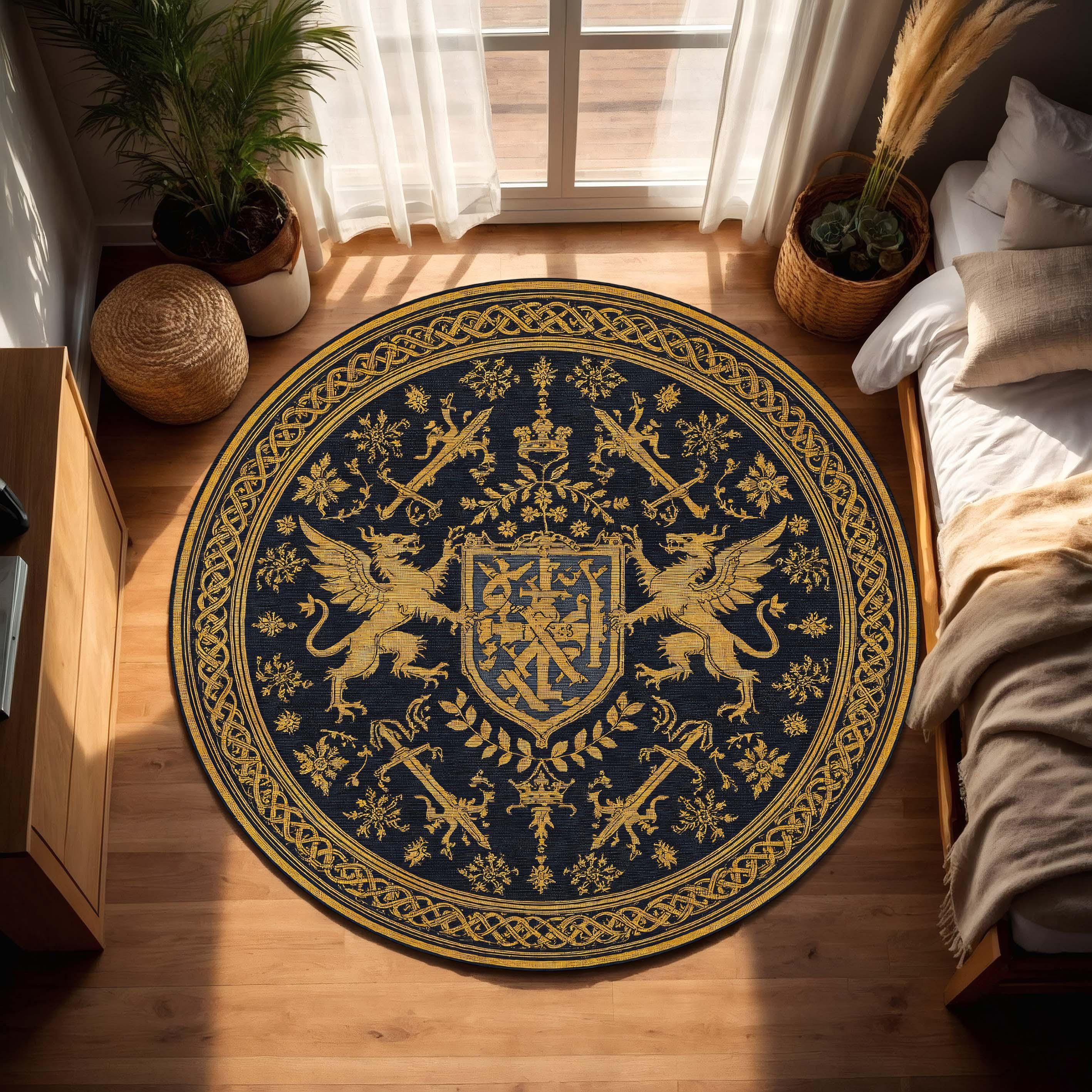 Round Medieval Heraldic Rug Navy Gold Griffin Crest Carpet, Gothic ...
