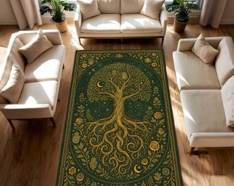 Tree of Life Rug, Olive Green and Gold Spiritual Carpet, Mystical Boho Botanical Area Rug for Meditation Room or Living Room Decor