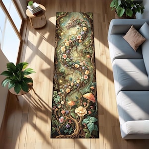 Tapete de corredor com estampa de dragão floral, tapete de natureza fantástica com trepadeiras e cogumelos, tapete de corredor botânico místico para casas Boho e Fairycore