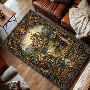 May include: A rectangular area rug with a detailed medieval castle scene. The rug features a castle, knights, and a landscape with a border of ornate designs in shades of blue, gold, and brown.