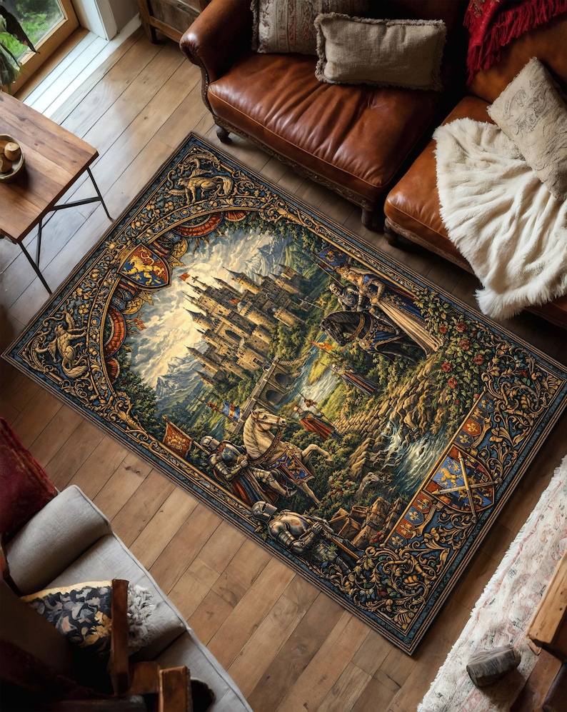 May include: A rectangular area rug with a detailed medieval castle scene. The rug features a castle, knights, and a landscape with a border of ornate designs in shades of blue, gold, and brown.