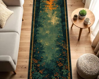 Forest Runner Rug – Green Botanical Hallway Runner, Nature Path Carpet with Art Deco Border, Low Pile Non Slip Entryway Kitchen Living Room