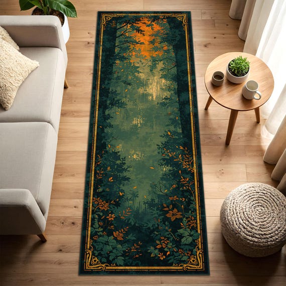 Forest Runner Rug – Green Botanical Hallway Runner, Nature Path Carpet with Art Deco Border, Low Pile Non Slip Entryway Kitchen Living Room