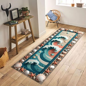 Ocean Wave Runner Rug, Coastal Beachcore Rug, Summer Seashell Hallway Carpet, Nautical Starfish Rug, Vibrant Sea Inspired Decor