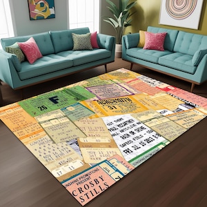 Retro Konzertkartenteppich Für Musikzimmer, Bunter Vintage Musikliebhaber Teppich, Wohnzimmer Dekor Teppich, Eklektischer Pop Art Teppich, Retro Decor