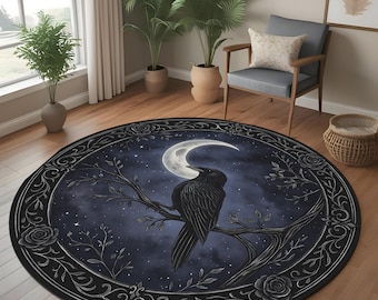 Mystical Raven Moon Round Rug: Gothic Night Sky Carpet With Crescent Moon and Crow for Witchy Room or Dark Aesthetic Decor