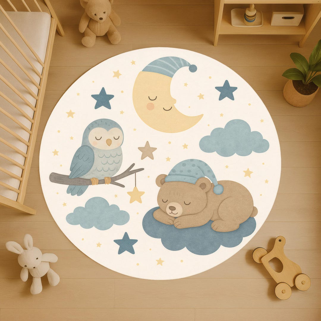 Baby Sleep Rug Sleepy Bear & Owl Round Rug: Moon and Stars Nursery Carpet in Soft Blue ...
