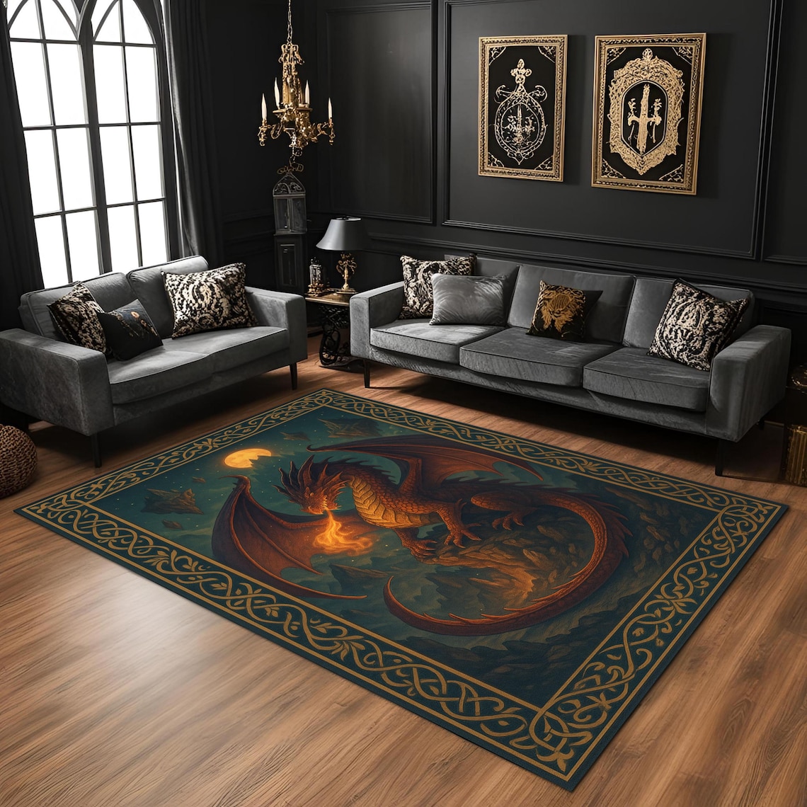 Fire Dragon Fantasy Rug, Medieval Dragon Carpet, Gothic Mythical ...