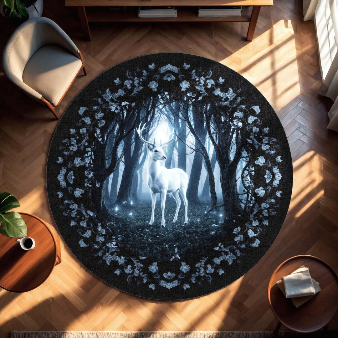 Mystical Deer Round Rug | Gothic Forest Spirit Carpet Ethereal Woodland ...