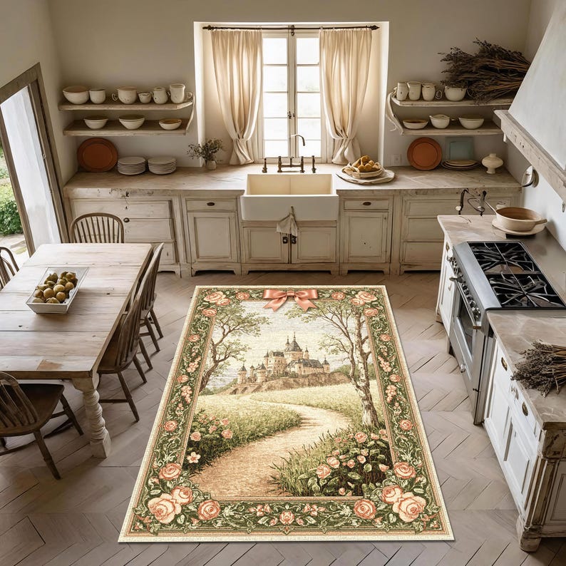 Châteaucore Castle Rug, Fairytale Rose Path Carpet, French Storybook Decor, Antique Style Tapestry Rug, Romantic Pastel Castleview Rug image 2