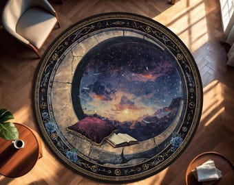 Tappeto rotondo con cielo stellato e finestra lunare - Tappeto per angolo lettura, regalo per gli amanti dei libri, morbido tappetino con simboli celesti per una camera da letto o un soggiorno accoglienti