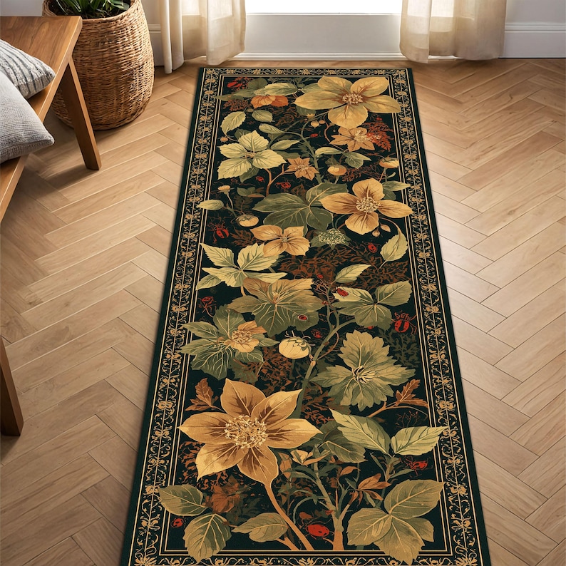May include: A rectangular floral runner rug with a dark background and a detailed botanical design. The rug features large yellow and green flowers, green leaves, and a decorative border. The rug is placed on a wooden floor.