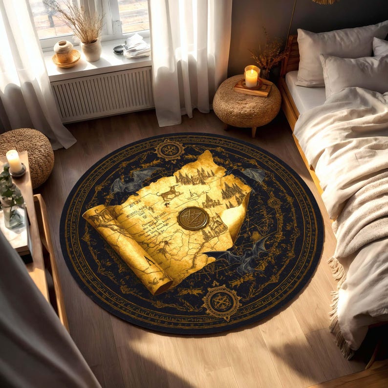 Dnd Rug Prop Fantasy RPG World Map Rug, Golden Scroll Round Carpet With Dragons ...