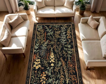Dark Botanical Floral Area Rug, Vintage Garden Pattern Carpet for Living Room Bedroom, Boho Farmhouse Decor, Cottagecore Statement Rug