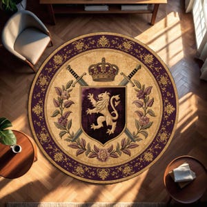 May include: A round area rug with a heraldic design. The rug features a central crest with a lion, crown, and crossed swords, surrounded by floral and ornamental borders in shades of gold, purple, and beige. The rug is placed on a hardwood floor.
