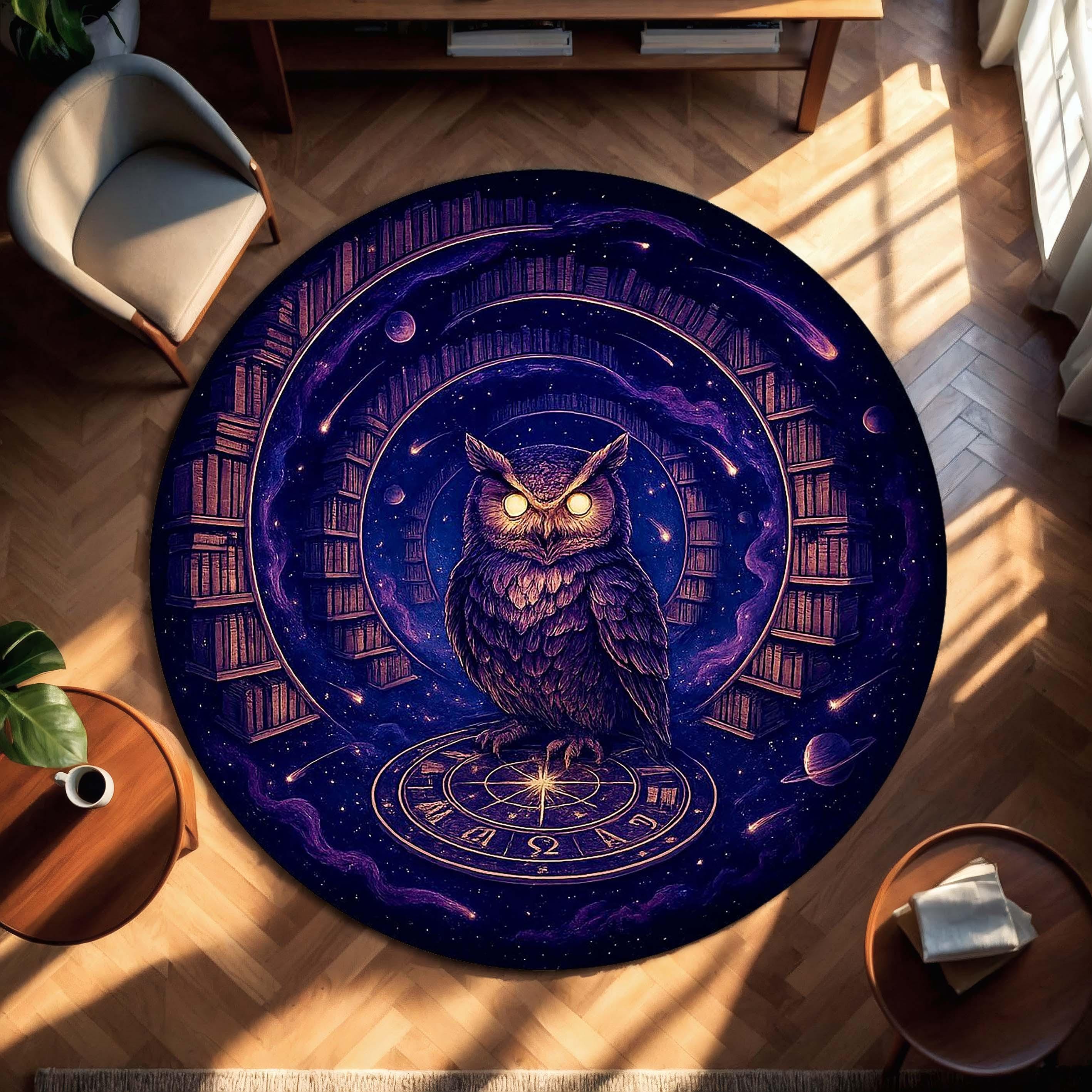 Mystic Owl Round Rug, Dark Academia Galaxy Carpet, Occult Library Witchy Decor, Purple Celestial Ast