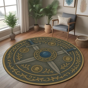 Tappeto con spada e arazzo medievale, tappeto rotondo con stemma di guerriero, arredamento rustico fantasy per la casa
