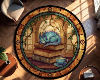 Alfombra de dragón durmiente, acogedora decoración de biblioteca de fantasía con té y libros, alfombra redonda estilo Vitray, regalo para amantes de la lectura, lectores y escritores.