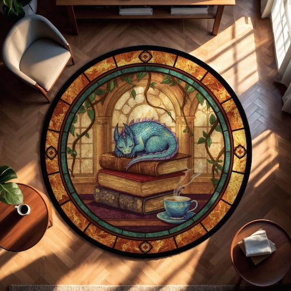 Sleeping Dragon Book Rug, Cozy Fantasy Library Decor with Tea and Books, Round Vitray Style Carpet, Book Lover Gift for Readers and Writers