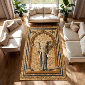 Elephant Mosaic Area Rug, Boho Safari Decor Carpet, Vintage Arch Pattern, Living Room Bedroom Floor Mat, African Wildlife Art Home Accent