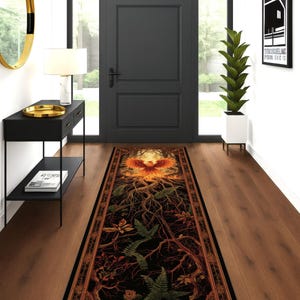 Phoenix Roots Runner-tapijt, tapijt vuurgeest, bos tapijt wedergeboorte, tapijt mythisch wezen, fantasie gangdecor, wasbaar gotisch tapijt afbeelding 4