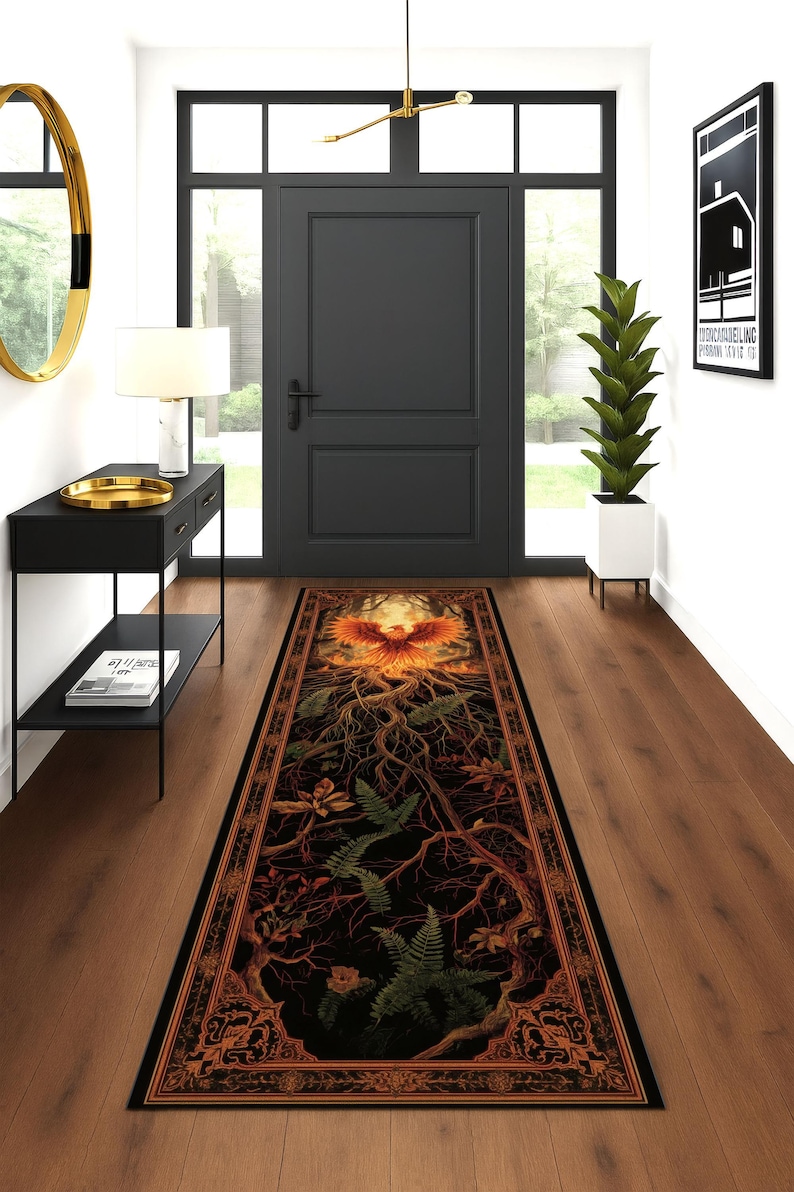 Phoenix Roots Runner-tapijt, tapijt vuurgeest, bos tapijt wedergeboorte, tapijt mythisch wezen, fantasie gangdecor, wasbaar gotisch tapijt afbeelding 4