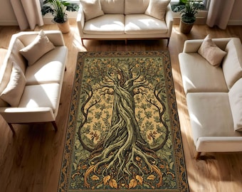 Tree of Life Area Rug – Botanical Art Nouveau Carpet, Celtic Boho Living Room Decor, Green Gold Vintage Style Nature Inspired Floor Rug Gift