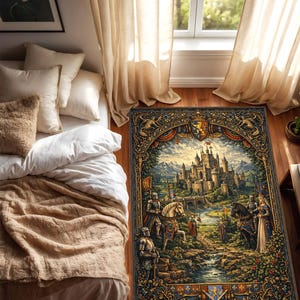 May include: A rectangular area rug featuring a detailed medieval castle scene with knights, horses, and a river. The rug has a decorative border with gold and blue accents, and is placed on a hardwood floor.