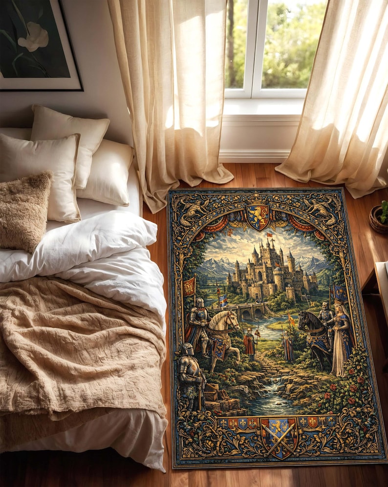 May include: A rectangular area rug featuring a detailed medieval castle scene with knights, horses, and a river. The rug has a decorative border with gold and blue accents, and is placed on a hardwood floor.