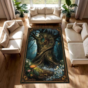 Verzauberter Wald Uhr Baum Teppich, mystische Wald Bordüre Jugendstil Bordüre Fairycore Wohnzimmer Dekor