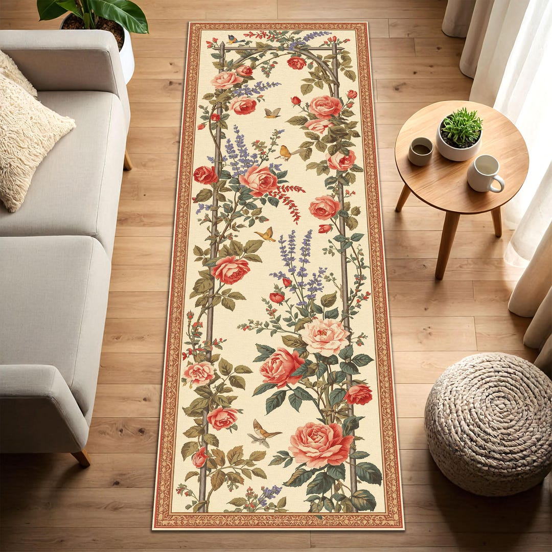 French Country Rose Runner Rug Cream Floral Hallway Carpet Vintage ...