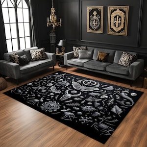 Witchy Gothic Rug, Botanical Occult Area Rug, Dark Academia Rug, Black Witch Decor Rug, Skeleton Moth Rug, Washable Gothic Carpet, Goth Rug