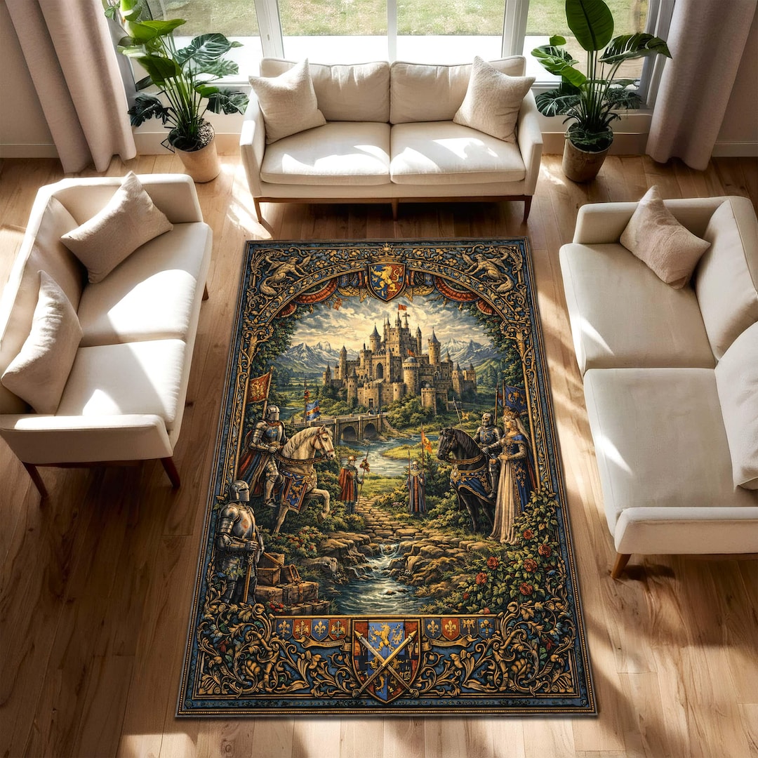 Medieval Castle Tapestry Area Rug, Fantasy Knight & Royal Scene Floor ...