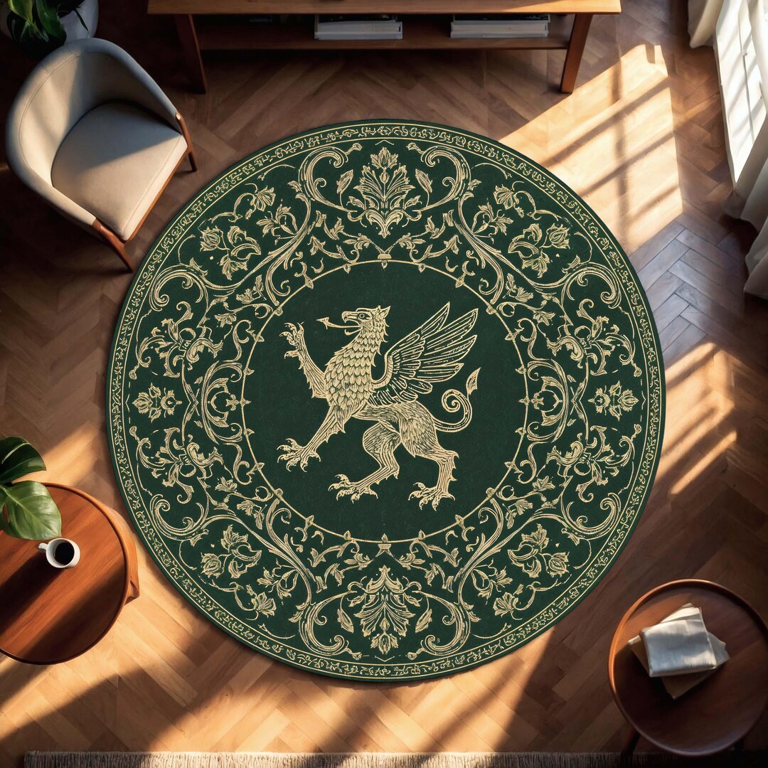 Round Green Griffin Rug, Medieval Mythical Creature Carpet, Gold ...