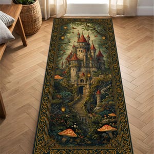 May include: A rectangular rug featuring a detailed illustration of a fairytale castle with red-roofed towers, surrounded by lush greenery and mushrooms. The rug has a dark green border with gold accents, creating a whimsical and enchanting aesthetic.
