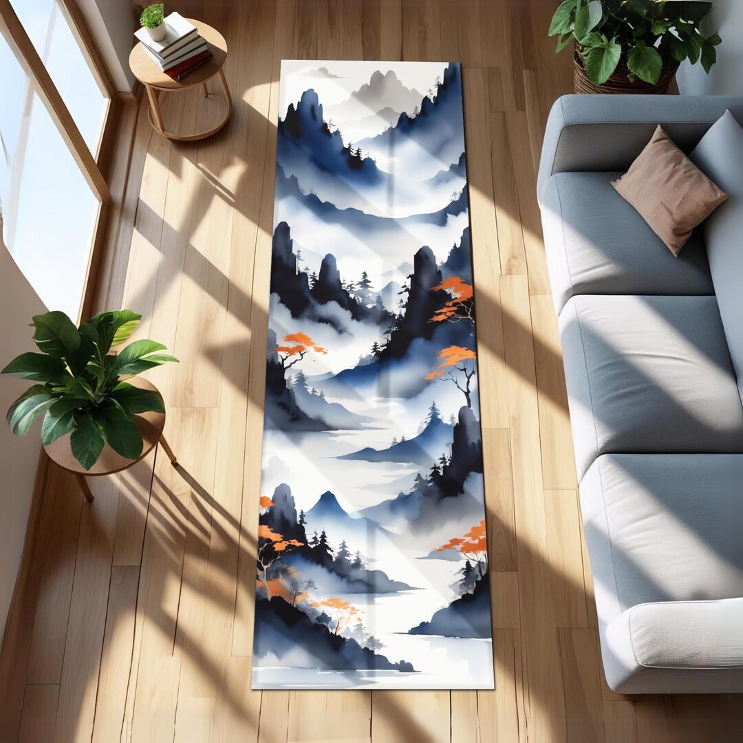 Zen Rug Patterns Zen Mountain Runner Rug | Japandi Style Landscape Carpet With Ink Wash ...
