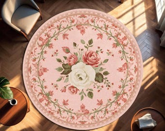 French Country Round Rug with Vintage Roses, Cottagecore Floral Area Carpet, Shabby Chic Pink Boho Mat for Living Room Bedroom Nursery Decor