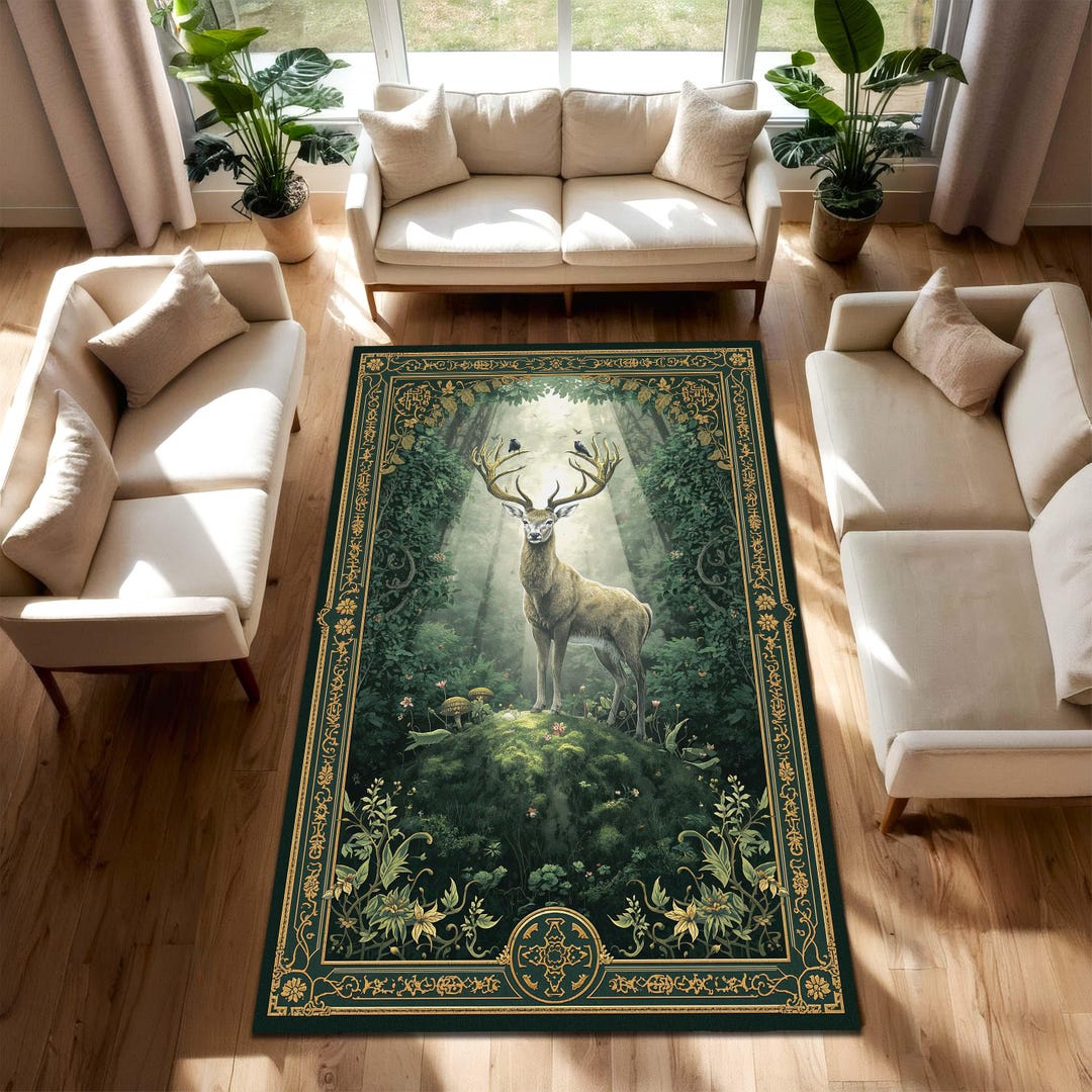 Woodland Stag Forest Rug – Vintage Botanical Deer Area Rug in Emerald ...