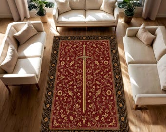 Medieval Sword Area Rug, Red Floral Fantasy Carpet, Gothic Living Room Decor, Heroic Knight Themed Floor Mat, Fantasy Style Unique Gift