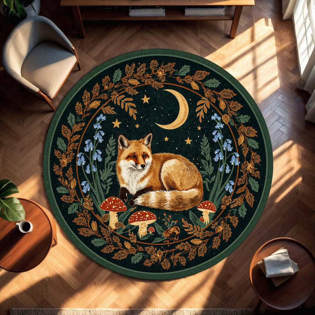 Round Fox Rug Woodland Moon Mushroom Carpet, Boho Forest Animal Decor ...